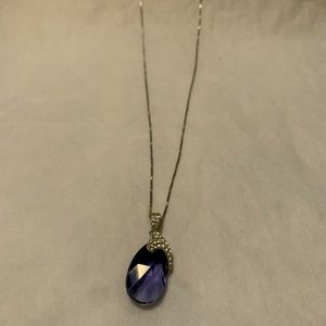 Sterling Silver Necklce with Purple Glass Pear Shaped Pendant 18” Chain 925